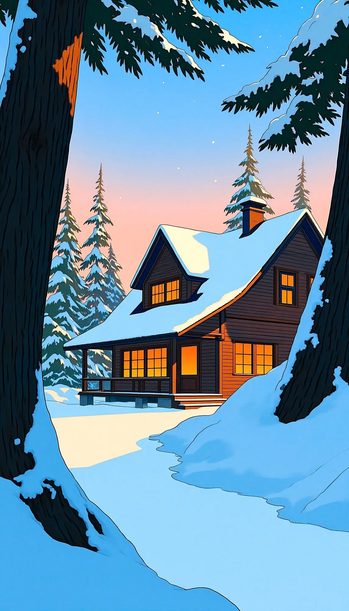 A cabin in winter snow